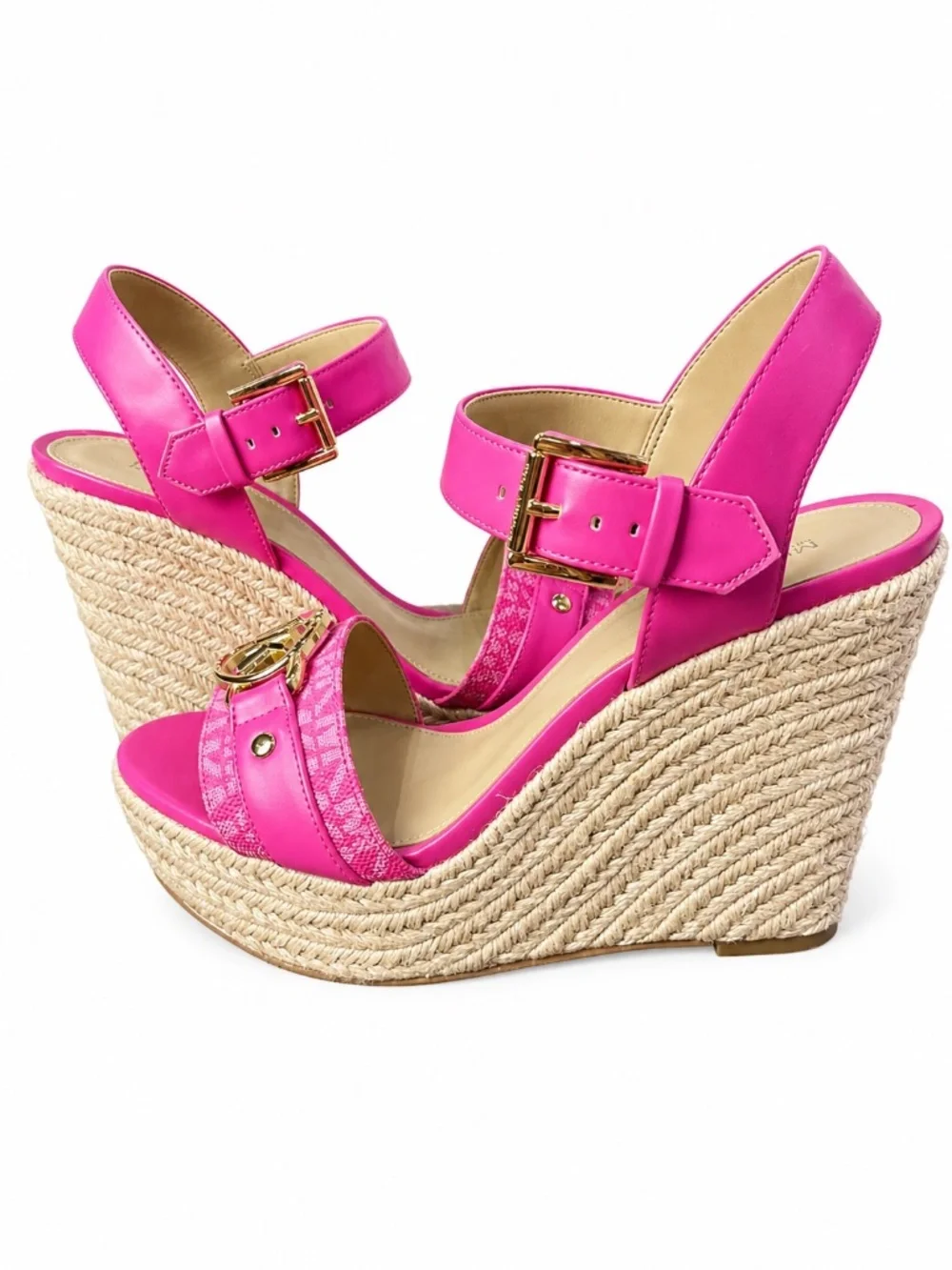 Michael Michael Kors Size 8M Pink Espadrille Wedge Sandals Gold Logo